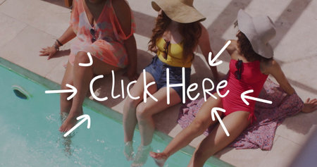 Dipping feet trio wearing sheer cover-up, denim shorts and hats at poolside patio, with stone deck. Luxury, leisure, relaxation, outdoor, vibrant, fashion, lifestyleの写真素材