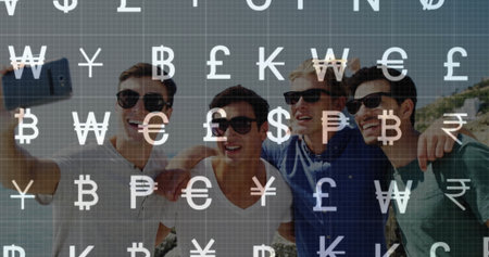 Posing five friends taking selfie at sandy beach with rocky cliffs, with smartphone and sunglasses. Casual, summer, leisure, landscape, happiness, social, outdoorの写真素材
