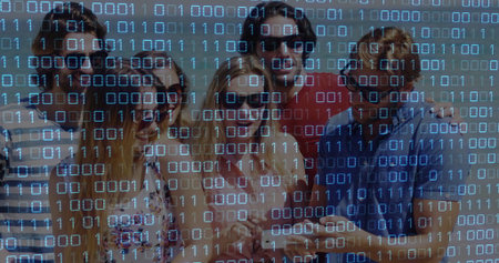 Gathering friends wearing sunglasses sharing smartphone in outdoor area, with binary code overlay. Casualwear, friendship, technology, outdoor, sunlight, digital, leisureの写真素材