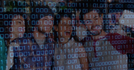 Smiling group of four friends leaning into bar lounge, with wooden shelving and blue binary overlay. Friends, socializing, casual, nightlife, technology, digital, modernの写真素材