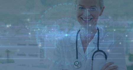 Standing female doctor crossing arms in lab, with white coat, stethoscope, tech overlay, copy space. Medical professional, healthcare, innovation, futuristic, diagnostic, clinical, technologyの写真素材