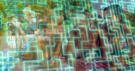 Chatting, three women wearing sunglasses and bikinis lying on striped mats by pool, digital overlay. Females, leisure, relaxation, outdoor, modern, technology, summerの写真素材