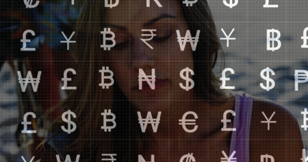 Contemplating woman wearing pink tank top looking downward dockside, with currency grid overlay. Financial, digital, technology, investment, reflection, serenity, modernの写真素材