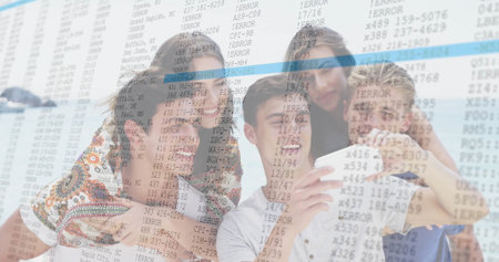 Grinning five friends taking selfie with white smartphone on sandy beach by islet, ERROR overlay. Beach, friends, vacation, leisure, outdoor, leisurewear, sceneryの写真素材