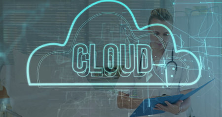 Holding blue folder, nurse in scrubs with stethoscope displaying cloud in hospital room, copy space. Medical, healthcare, technology, innovation, clinical, professional, digitalの写真素材