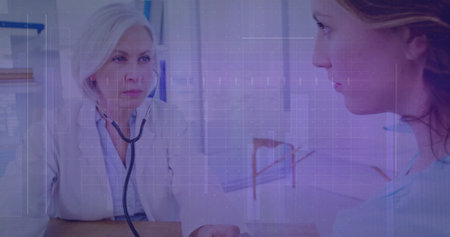 Discussing senior physician consulting adult patient in clinic room, with stethoscope and charts. Medical, consultation, healthcare, professionalism, clinical, diagnostic, wellnessの写真素材