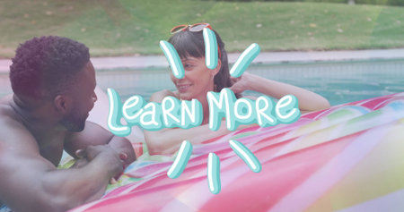 Leaning swimwear clad couple chatting at backyard pool, with inflatable raft, Learn More overlay. Leisure, relaxation, outdoor, vacation, lifestyle, vibrant, companionshipの写真素材