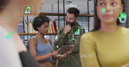 Presenting data charts Black woman holding tablet at modern office with floating icons, copy space....