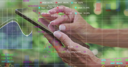 Tapping smartphone with woman's hands analyzing cybersecurity data in park with code overlays. Technology, analytics, outdoor, modern, digital, data visualization, communicationの写真素材