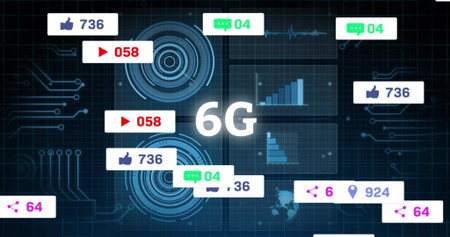 Displaying central 6G interface floating social popups over circuit grid, radar UI, bar charts....
