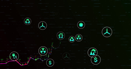 Displaying rising multicolored financial graph on digital dashboard, with eco and finance icons....