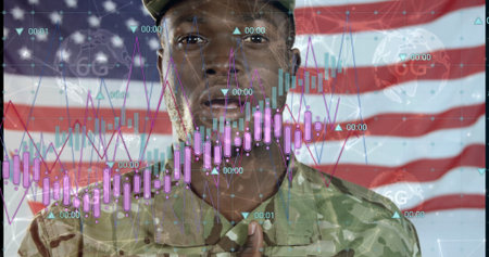 Soldier wearing camo uniform and cap holding hand over heart in studio with flag, digital overlays. Military, patriotism, innovation, technology, security, digital, resilienceの写真素材