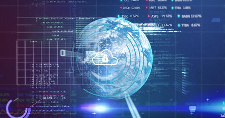 Showing 3D Earth rotating on security dashboard, featuring cloud padlock, code, grid overlay....