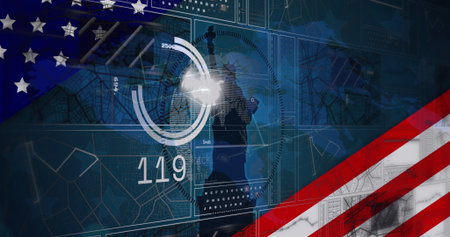 Displaying circular chart with Statue of Liberty silhouette and â€˜119' on flag-themed...