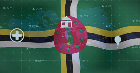 Showing Dominica flag red circle featuring Sisserou parrot with stars on data dashboard, with icons. National, technology, futuristic, analytics, data, interface, integrationの写真素材