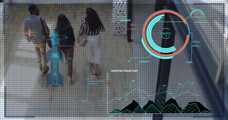 Walking professionals holding smartphone in glass corridor, with rocket and energy gauge overlays. Business, collaboration, innovation, futurism, analytics, teamwork, modernの写真素材