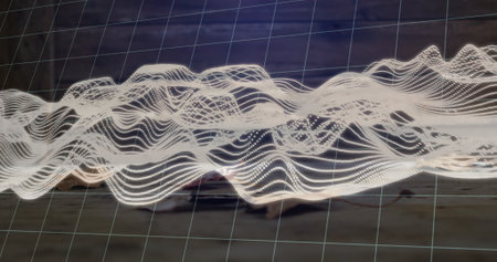 Animation of spliced male classical sculpture bust moving over pink rings and grey hexagons
