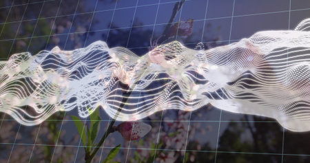 Flowing white data wave traveling across orchard sky, with 3D grid overlay and pink flower branch. Abstract, technology, nature, innovation, architecture, futuristic, vibrantの写真素材