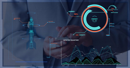 Analyzing executive holding smartphone in office, viewing rocket schematic gauge trajectory overlay....