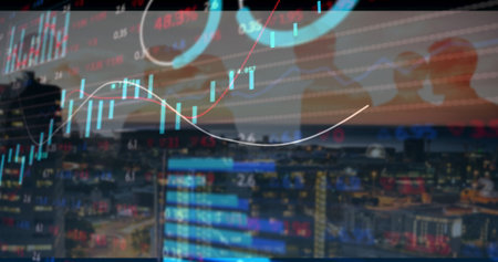 Overlaying financial charts onto nighttime skyline, showing candlestick bars and line chart. Urban,...