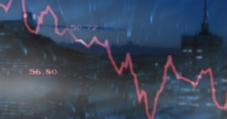 Red descending financial graph overlaying city skyline on rooftop, with lit windows 50.72 56.80....