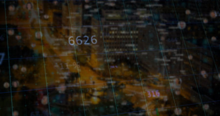 Hovering numeric indicator 6626 shining over street grid at night, with grid lines, light trails. Urban, digital, futuristic, technology, data, connectivity, nightscapeの写真素材