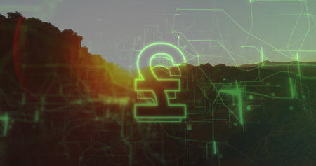 Floating neon green Pound Sterling symbol over rocky canyon at sunrise, with digital network lines. Cryptocurrency, finance, technology, innovation, blockchain, digital, futuristicの写真素材