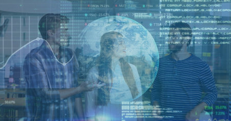 Gesturing tech team examining financial overlays in modern office, holographic globe projection....
