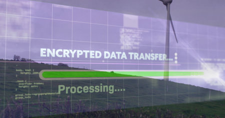 Rotating wind turbine spinning on hillside, grid overlay showing encrypted data, code, progress bar....