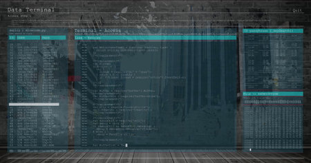 Projecting holographic terminal spanning concrete wall and floor, with user table and code editor....