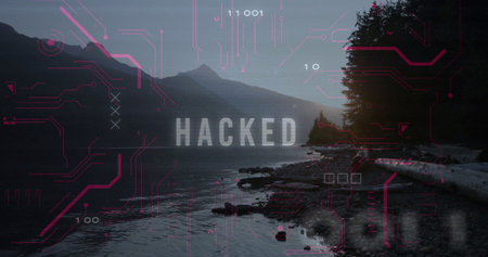 Displaying overlay featuring HACKED over dusk lakeshore with neon-red circuits and driftwood logs....