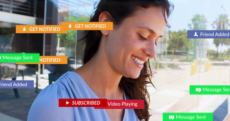 Smiling woman in blue blouse standing on walkway with floating notification overlays, copy space....