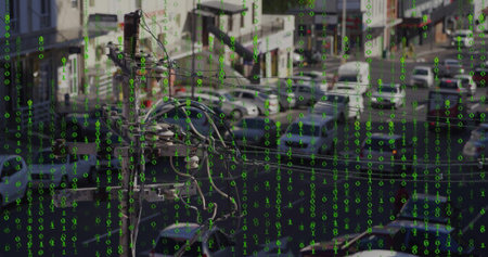 Utility pole displaying transformer and cables in parking lot, green binary overlay, copy space....