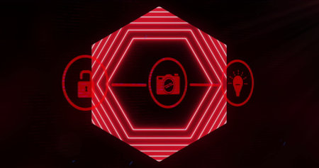 Displaying red neon hexagon with camera icon on virtual display, with padlock and lightbulb icons. Futuristic, cyber, minimalistic, technology, interface, digital, innovationの写真素材
