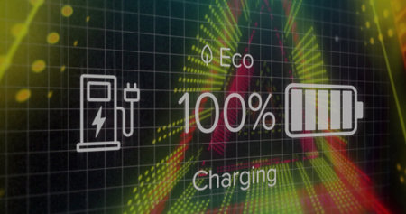 Displaying charging interface showing 100% Eco, Charging text on grid, with pump or plug or battery icons. Technology, futurism, innovation, dashboard, digital, energy, sustainabilityの写真素材