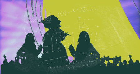 Pointing silhouetted teacher guiding students in classroom, with chalk formulas on backdrop....