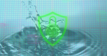 Displaying green shield with padlock and fingerprint over graph grid, merging water and code....