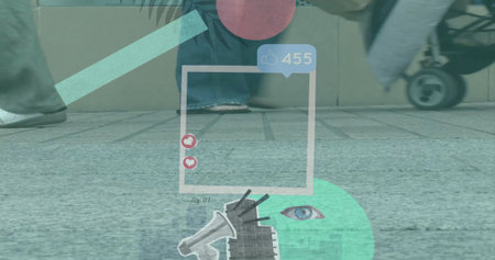 Walking three pedestrians pushing stroller on tiled pavement by tan wall, with digital overlays....