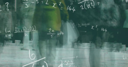 Walking casually dressed classmates crossing school hall with wooden floor and chalkboard equations. Collaboration, education, academic, professional, dynamic, modern, learningの写真素材