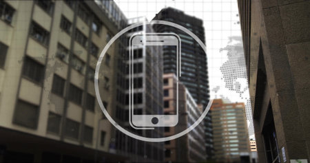 Displaying smartphone icon in circular overlay over blurred urban street, with dotted world map. Technology, networking, innovation, digital, connectivity, modern, skyscraperの写真素材