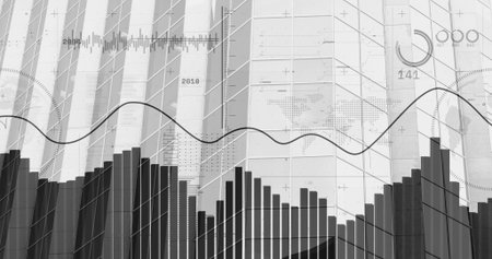 Displaying data dashboard showing bar chart and oscillating line graph with world map overlay. Futuristic, technological, minimalist, analytical, digital, corporate, schematicの写真素材
