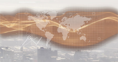 Covering cityscape with dotted world map overlay, grid lines, golden waves, markers, faint graph....