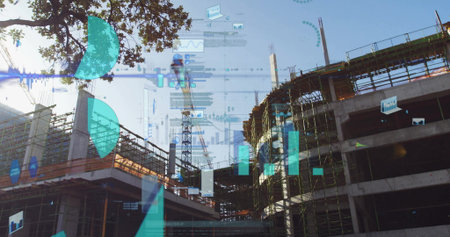 Featuring concrete framework rising at building site with crane, digital graphics and tree branch....