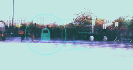 Displaying digital padlock overlay hovering over city walkway with blurred pedestrians, railings. Security, privacy, technology, urban, motion, protection, cyberの写真素材