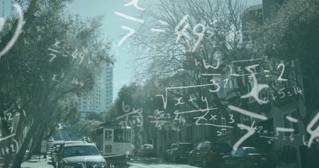 Climbing historic cable car ascending hillside street flanked by cars and trees, with math overlay. Transport, urban, vintage, scenic, academic, infrastructure, architectureの写真素材