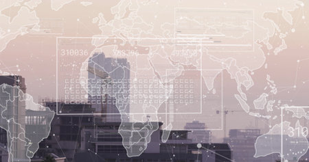 City skyline and digital interface merging on urban rooftop, with world map overlay and nodes....