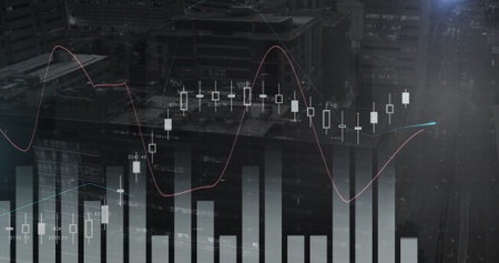 Displaying financial chart overlaying skyline at dusk, with candlestick symbols and trend lines....