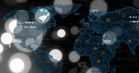 Displaying stylized world map outline on digital interface, with layered circles and data markers....