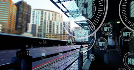 Floating holographic NFT icons hovering over urban transit platform with metal railing and canopy....