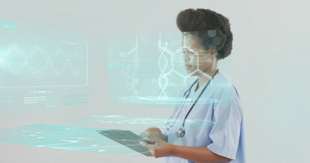 Doctor in scrubs with stethoscope holding tablet projecting hologram DNA helix in lab, copy space....